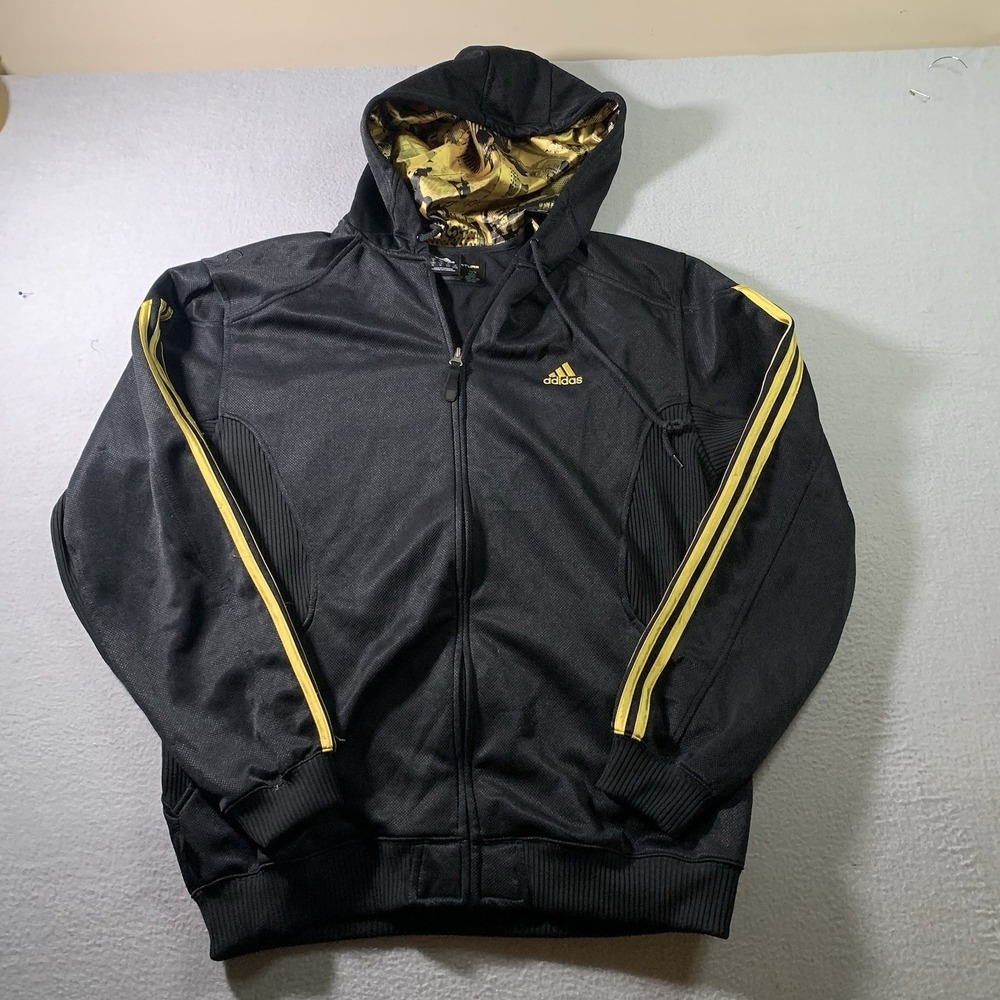 Adidas Track Jacket Mens XL Tall Full Zip Hooded Black Gold Sweater NewOrleans
